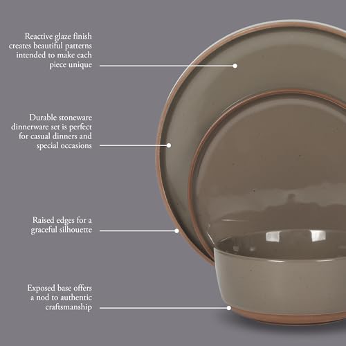 Image of Gibson Elite Northrock Stoneware Dinnerware Set, 12-Piece Service for 4 Plates and Bowls Set - Gray Dishes with Hand-Painted Terracotta Base