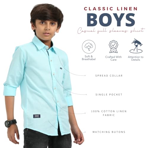 Image of ROCKET SCIENCE Boys Single Pocket Shirt | Regular Fit, Spread Collar, Full Sleeves, 100% Cotton Linen Fabric Royal Blue