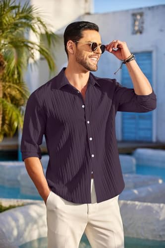 Image of FINIVO FASHION Men's Casual Cotton Polyester Blend Plain Button Down Shirt Long Sleeve Textured Summer Beach Shirt for Men