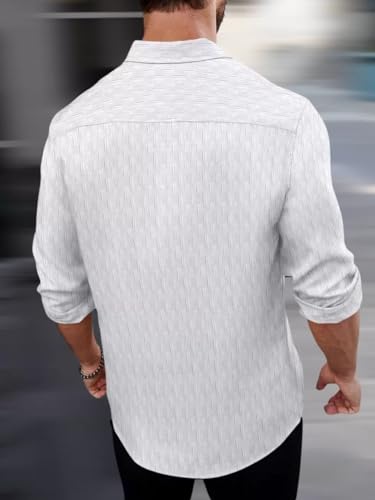 Image of DEELMO Men's Regular Fit Button Down Dress Shirts Textured Long Sleeve Casual Hawaiian Shirt