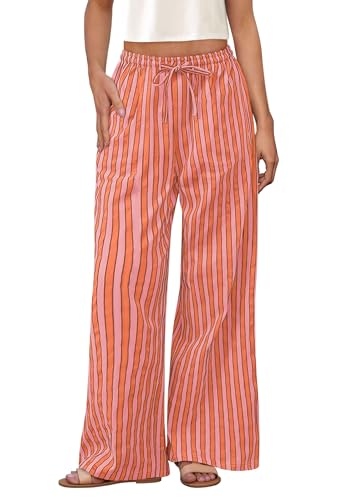 PRETTYGARDEN Women's Wide Leg Lounge Pants 2025 Summer Drawstring Elastic Waist Comfy Striped Pajama Bottoms Trendy Clothes (Striped Pink Orange,Large)