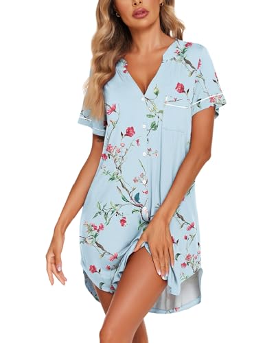 Image of Ekouaer Nightgowns for Women Button Down Night Gowns Short Sleeve Sleep Shirt V Neck Nightshirt Soft Sleepwear Pajams Dress