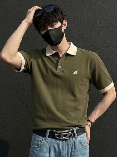 Image of LEOTUDE Men's Solid Olive Polo T-Shirt with Beige Contrast Collar | Regular Fit Half Sleeve Polo Neck Tee | Comfortable Everyday Casual Wear (Color : Olive)