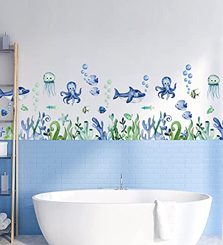 4 Sheets Blue Octopus Wall Decals Green Seaweed Wall Decal Ocean Fish Wall Sticker Diy Removable Shark Wall Murals For Baby Kids Boys Bedroom Nursery Classroom Living Room Bathroom Home Decoration #TOP3