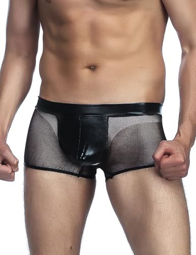 ohmydear Sexy Boxershorts Herren Mesh Unterwäsche Kunstleder Durchsichtige Reizwäsche Transparent Unterhosen Atmungsaktive Boxer Shorts für Männer Große Größen Schwarz L