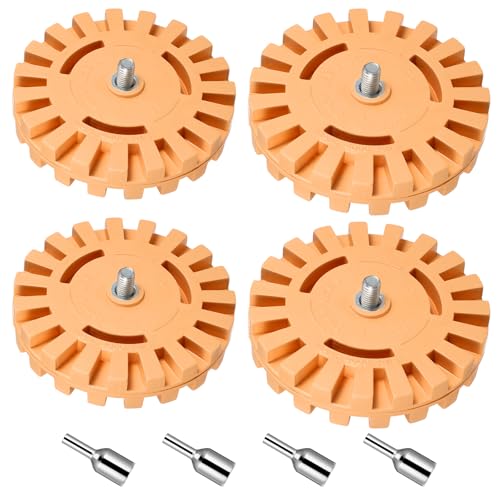 Nodaaiie 4PCS Decal Remover Eraser Wheel Tool Kit, 4 Inch Rubber Power Drill Attachment with Drill Adapter for Car Adhesive, Pinstripe, Sticker, Vinyl Removal from Cars, RVs, Boats