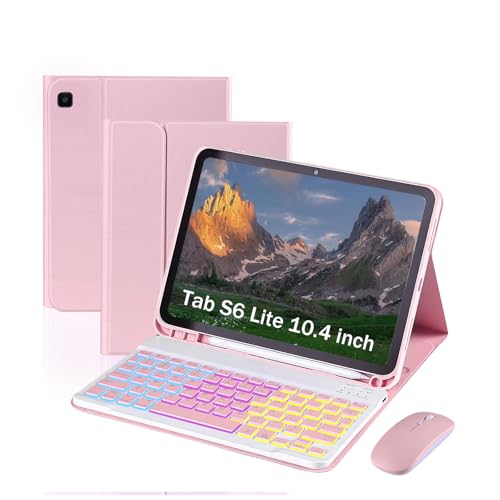 Keyboard Case for Samsung Galaxy Tab S6 Lite 10.4 Inch Lightweight Mouse Detachable Backlight Keyboard Slim Stand Tablet Case with Pen Slot (Pink S6 Lite Case with Keyboard)