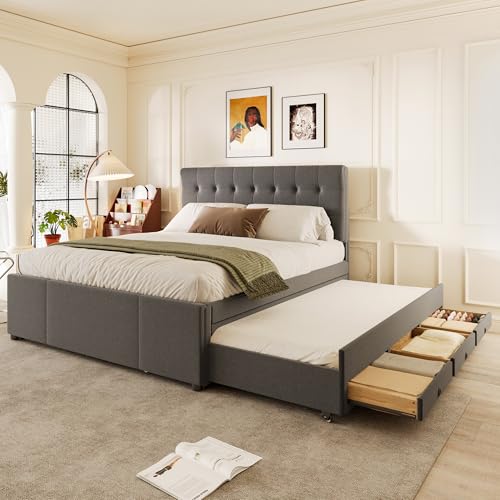 Kinderbett Polsterbett 140x200, Doppelbett Tagesbett mit Ausziehbett und 3 Stauraum Schublade,Schlafsofa Gästebett Sofabett Jugendbett mit Lattenrost,Verstellbares Kopfteil,Leinen,Grau,Ohne Matratze