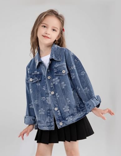 5-12Years Girls Denim Outerwear Jacket Cute Flower Pattern Long Sleeve Jeans Jacket Loose Collared Jacket Teen Gifts3
