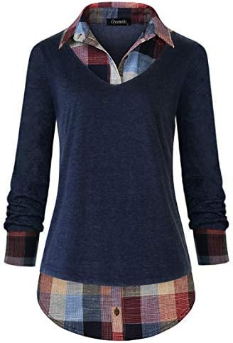 Oyamiki Women's Casual Collared Curved Hem 2 in 1 Pullover Tops P...