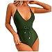 AMhomely Maillot de bain une pièce pour femme - Brillante - Couleur unie - Col en V - Bretelles - Sexy - Effet gainant du ventre, Vert (01), S
