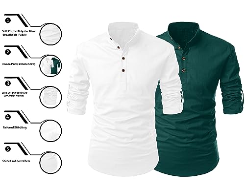 Image of FINIVO FASHION Combo of Men's Cotton Blend Solid Regular Fit Full Sleeve Straight Short Kurta Shirt, Casual and Formal Wear
