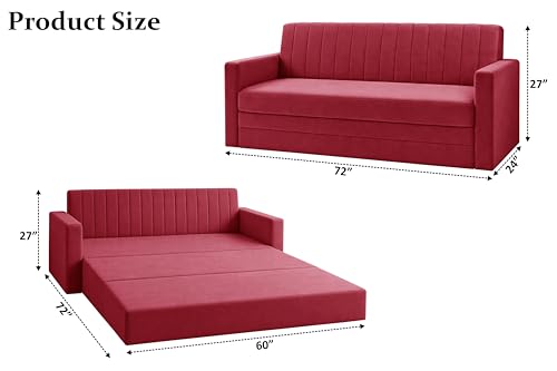 Image of Modern Velvet 3-Seater Sofa Cum Bed with Armrest, Convertible Sleeper Couch Sofa for Living Room, Bedroom & Office-Red