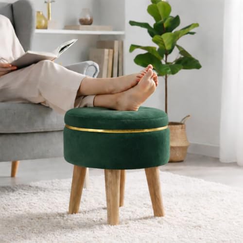 Image of Ottoman Stool for Living Room Foot Rest | Velvet Small Ottoman Foot Stool | Solid Wood Legs | Footstool Puffy for Home, Bedroom & Makeup Table | 30 x 30 cm (12 x 12 Inch) | Green