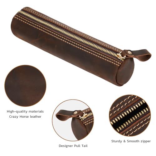Image of ECHSRT Genuine Leather Pencil Pouch, Classic Cylinder Pen Bag - Coffee | Full-Grain Cowhide Leather, Crazy Horse Finish, Single Zipper, Vintage Pen Organizer for Adults