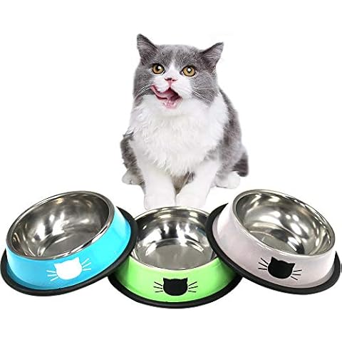 DOMI PRO Katzennäpfe Katzenschüssel Set, 3 Stück rutschfeste Katzennapf aus Edelstahl, Fressnapf Katze Wasserschale, Katzennapf erhöht Näpfe und Tränken für Haustier(Blau + Grün + Grau) Cover