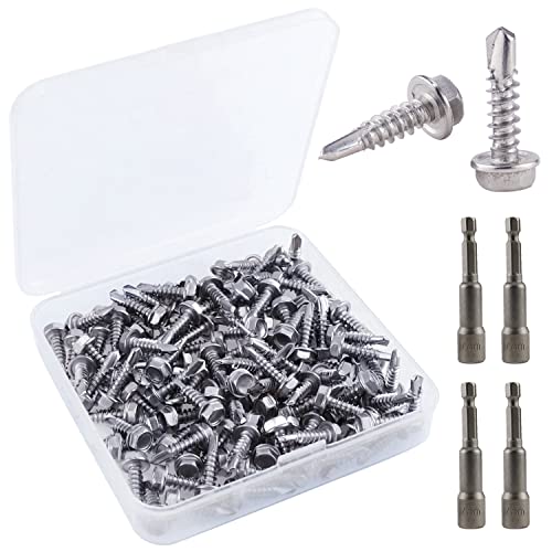Vis Autoforeuse Inox 120 Pcs vis à tôle autoperceuse 4,2 x 16 mm Vis Autoperceuse à Tête Hexagonale avec 5 Douille Magnétique Cover