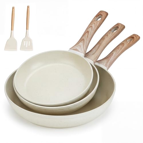 Lista de Sarten Serafin los mejores 5. 42 Juego de 5 Sartenes con Recubrimiento Antiadherente, Bateria de Cocina, Sartén Antiadherentes de Granito Blanco, Libre de PFOS y PFOA, Fácil Limpieza, Apto para todas las estufas...