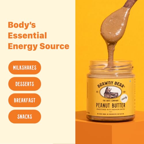Image of Brawny Bear Peanut Butter Crunchy, Natural Sweetened with Dates, Healthy Nut Butter with No Added Sugar and Preservatives, Vegan, High in Protein Spread, Pack of 2 (500 gm each)