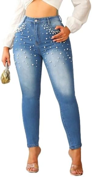 Womens Skinny Pearl Jeans high Waisted 2025 Tummy Control Trendy Jeans Sexy Tight Slim fit Trousers