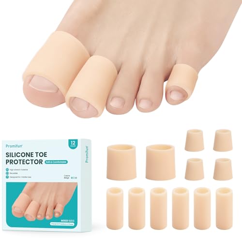 Image of Silicone Toe Protectors - 12 Pack Silicone Toe Sleeve for Hammer Toes, Corns, Calluses, Blisters - Soft Gel Toe Tube Pads for Pain Relief(Multi Size, Beige)