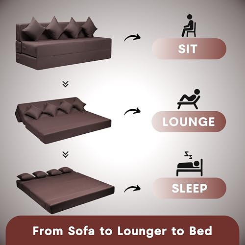 Image of Amazon Brand - Solimo 4 Seater 6 * 6 Jute Fabric Washable Cover Sofa Cum Bed with 4 Cushions 4 Seater Double Foam Fold Out Sofa Cum Bed (Finish Color - Brown Delivery Condition - Pre-Assembled)