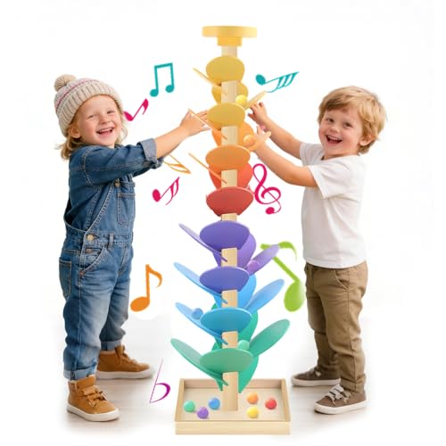 Arbre Sonore, Jouet Montessori en Bois avec Bille de Course, Circuit Billes Arc-en-Ciel 1 Base, 12 Billes, 6 Couleurs de 3 Ans pour Garçons/Filles