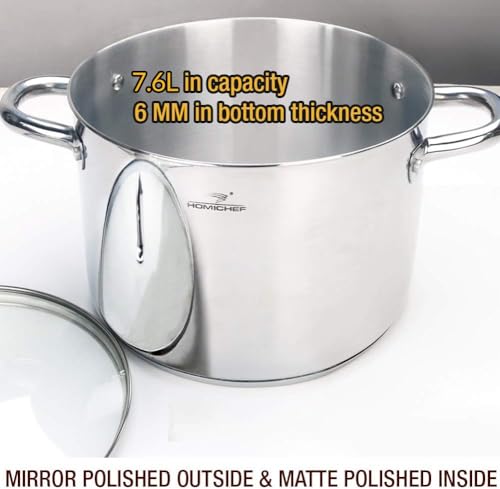 HOMICHEF Stock Pot 24.5 cm 7.6 Litre with Lid Nickel Free Stainless Steel - Mirror Polished Stockpot 7.6 Litre with Glass Lid - Healthy Soup Pot Induction - Image 2