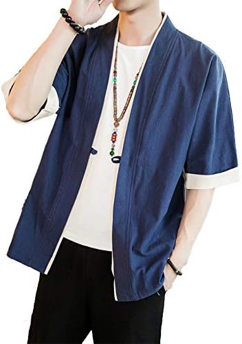 Men's Vintage Kimono Cardigan Cotton Linen Half Sleeve Japanese Jinbei Haori Jacket Hanfu Style Yukata Overcoat (531-Navy