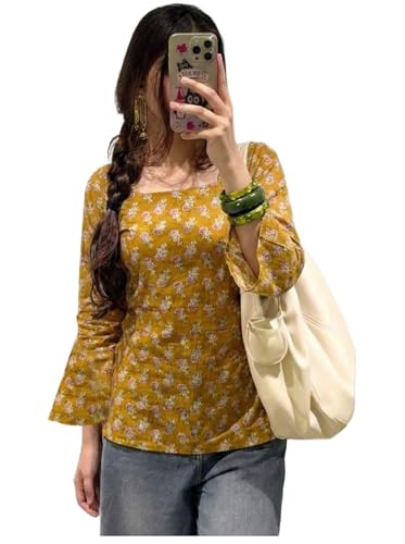 Image of ANNI Designer Women's Viscose Blend Printed Short Kurti | Straight Fit Casual Ethnic Top | Square Neck Full Sleeve Kurta Office College