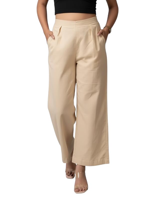 Image of Moirai Pure Cotton Wide Leg Women Trouser Stylish Mid Rise Relaxed Straight Fit Loose Pants Casual Travel Office Formal Wear