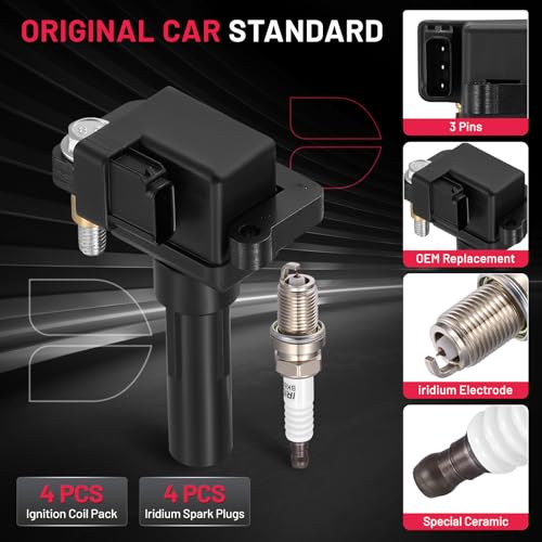 Image of BDFHYK 4 Ignition Coil Pack UF480 and 4 Iridium Spark Plug 7090 Compatible with Subaru Impreza 2002 2003 2.0L H4 Coil for UF-480 E960 52-1749 IC560 22433-AA421 22433-AA560 22433-AA561