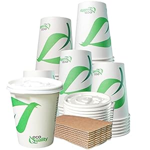 10 oz Compostable Paper Cups with White Flat Lids and Sleeves – Biodegradable Disposable White Paper Coffee Cups PLA Lined – Eco-friendly Hot and Cold Drinking Cups (100)