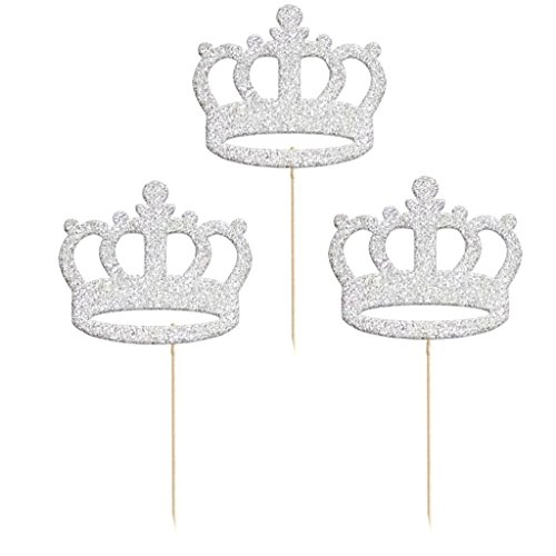 Fenteer Set of 20pcs Shiny Prince Princess Crown Cupcake Toppers DIY Fruit Cocktail Picks Wedding Party Decoration Gold Silver - Silver