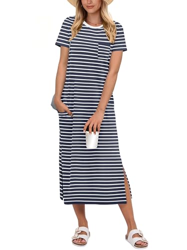 Image of ANRABESS Womens Midi Dress,Summer Long Tshirts Dresses,Short Sleeve Split Stripe,Comfy Travel Beach Vacation Casual Wear