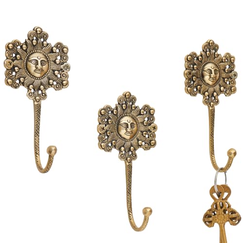 IndianShelf 3 Brass Sunflower Wall Hooks Vintage Gold Coat Key Towel Hanger