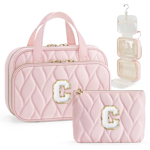 YOOLIFE Personalized Birthday Gifts for Women Teen Girls - Hanging Toiletry Bag Makeup Bag for Women Girls, Initial Toiletry Bag Makeup Bag Pink Letter C