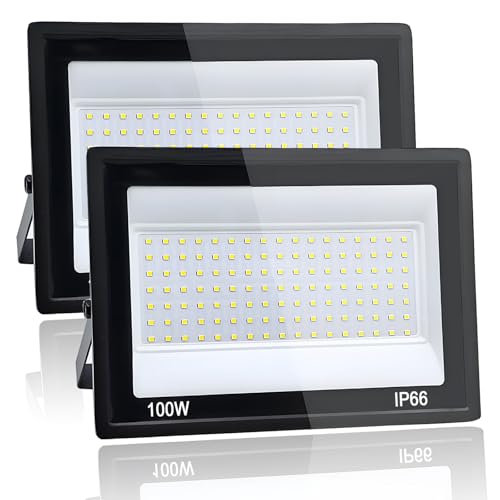 Yuaiosn 2 Piezas 100W Focos LED Exterior, 10000LM Proyector LED Exterior, Resistente al Agua IP66 Foco Proyector LED, 6500K Blanco Frío Floodlight para Patio, Terraza, Garaje, Jardín