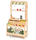 PairPear Wooden Mud Grocery Stand, 2-in-1 Outdoor Market Stand & Mud Kitchen for Kids Outdoor, Montessori Pretend Play Toy with 14 Accessories, Cash Register & Play Food, Ages 3+