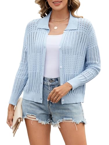 Image of Womens Lightweight Crochet Hollow Out Cardigans Open Front Knit Button Down Cardigan Lapel Cropped Sweaters Summer