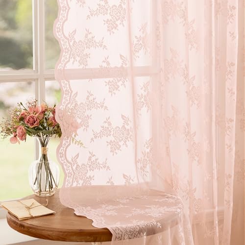 MEETSKY Pink Lace Curtains 63 Inch Length Sheer Pink Curtain for Girls Room Floral Vintage Light Filtering Short Curtains for Bedroom Princess Room Lace Drapes 2 Panels Each Panel 50W x 63L