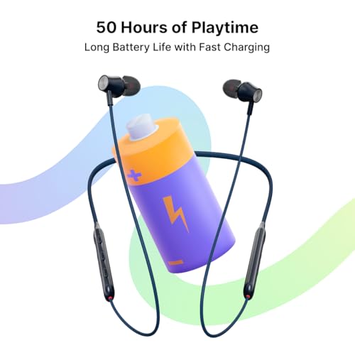 Image of pTron Tangent Evolve w / 50Hrs Playtime, HD Mic, Pristine Sound, 14mm Drivers, Bluetooth V5.3 w /Dual-Device Pairing Wireless Neckband, Magnetic Buds, Voice Assistant,Type-C Charging & IPX4(Black /Blue)