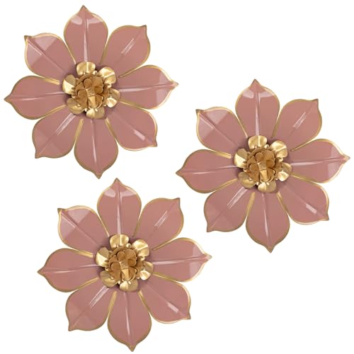 Image of Metal Flowers Wall Decor Set of 3, Pink Metal Flower Wall Art Decor for Inoor & Outdoor Use, 3D Vintage & Modern Pink Walls Arts for Bathroom, Living Room, Bedroom, Garden, Patio, Porch, Office, 10"