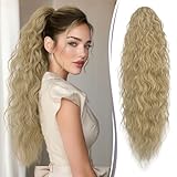 RUWISS Coleta Postiza Pelo Natural con Pinza Cola Postiza Larga Rizada Ondulado Cola de Caballo Sintético Coleta Postizos para Mujeres, 76 cm Rubio y Rubio Ceniza Mezclado