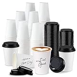 Disposable 12 Oz. White Coffee Cup Set, 100 Paper Cups with Black Plastic Lids - Stylish Grab 'n Go Cup and Lid Set, Travel Lid, Personalizable Cups (100 Count)