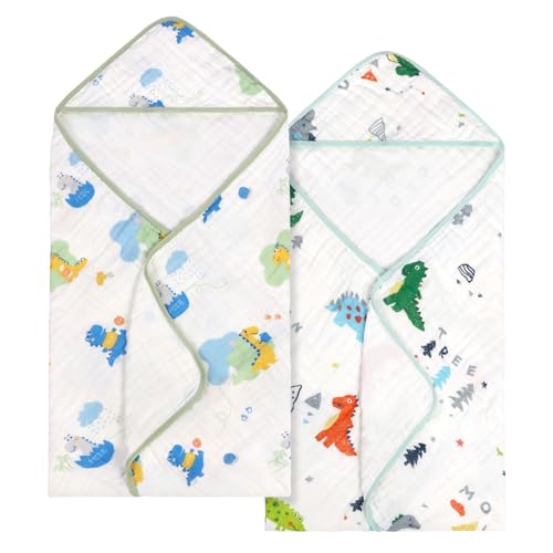 decalsweet Baby Bath Towels 100% Muslin Cotton Hooded Baby Towels 2 Pack Shower Gifts for Newborn, Infant, Toddler, Kids,Super Soft and Absorbent, Large 35x35Inches