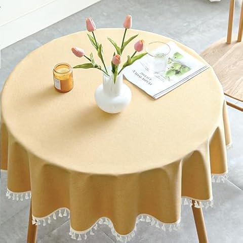 Qubjus Round Textured Tablecloth Waterproof Cotton Linen Tassel Wrinkle Free Washable Decorative Fabric Table Cover for Kitchen Dining Table, Round-70, Yellow Cover