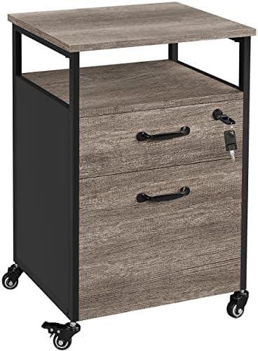 Yaheetech Mobile File Cabinet, Rolling Filing Office Cabinet with Wheels and Lock for A4, Letter Size, Printer Stand with Open Shelf for Home Office, Hanging File Folders, Taupe Wood+Black