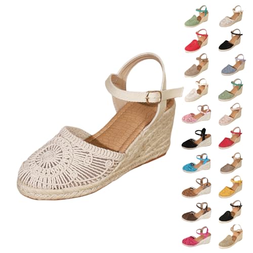 Imagen de Genérico Cuñas Esparto Plataforma Mujer Sandalias Alpargatas con Bohemio Zapatos Cerrados con Encaje Correa Ajustable al Tobillo para Verano Paseos y Salidas Diarias
