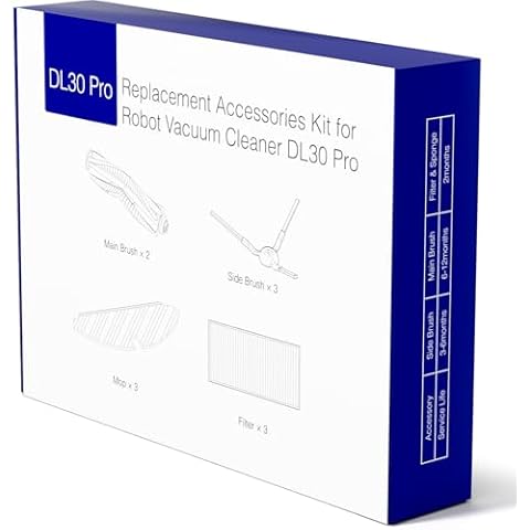 Kokaidia Robotic Vacuum Replacement Parts for DL30 Pro Series – Replenishment Kit with 2 Main Brushes, 3 Side Brushes, 3 Mops, and 3 Filters Cover